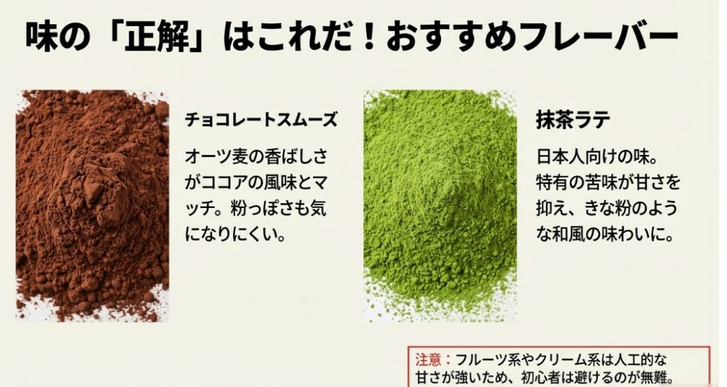 初心者におすすめのチョコレートスムーズ味と抹茶ラテ味の特徴と、フルーツ系を避けるべき理由