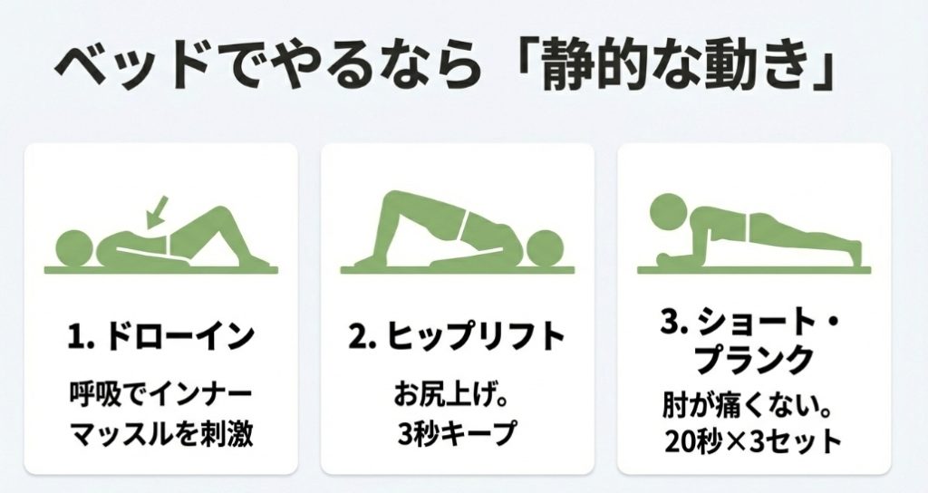 ベッドの上でも安全に行えるおすすめの静的トレーニングメニュー（ドローイン・ヒップリフト）