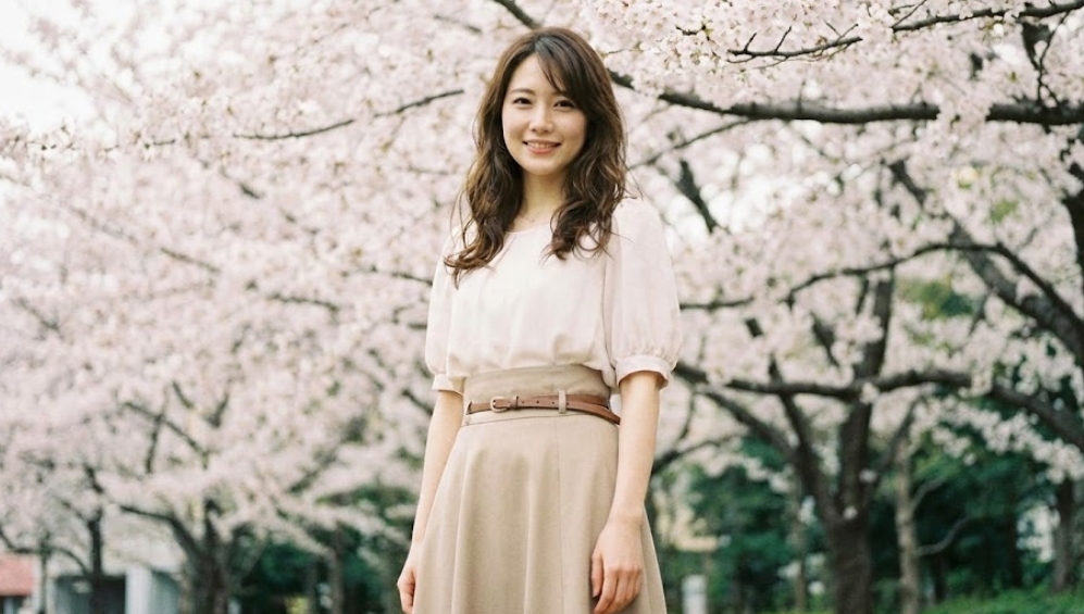 桜並木の下に立ち、カメラに向かって微笑む骨格ウェーブの日本人女性。彼女は薄いピンクのパフスリーブブラウスとベージュのハイウエストAラインスカートを着ており、細いベルトでウエストをマークしています。髪は緩やかなウェーブで、柔らかな光に包まれています。
