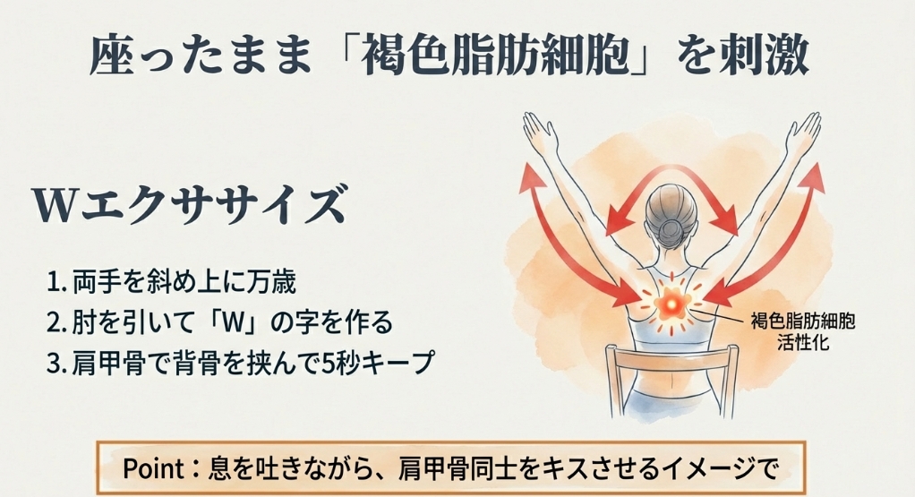 両腕でWの字を作り、肩甲骨を寄せて褐色脂肪細胞を活性化させるWエクササイズのやり方