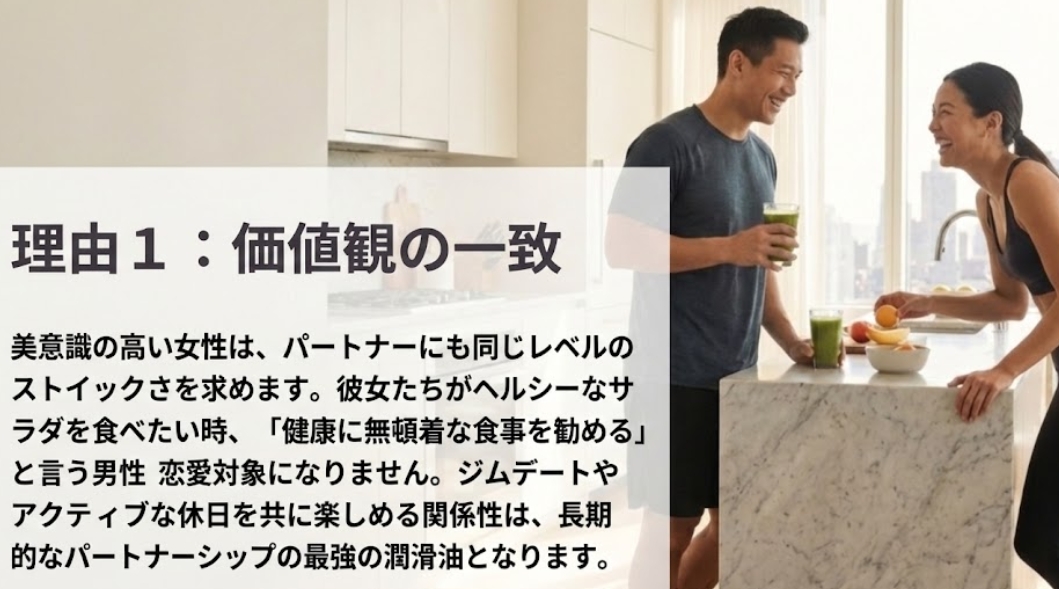 キッチンでスポーツウェアを着て、笑顔でスムージーを飲む健康的な男女のカップル。画像左側のテキストボックスには「理由１：価値観の一致」という見出しがあり、その下に、美意識の高い女性がパートナーに求める健康へのストイックさや、食の好み（ヘルシーなサラダ対健康に無頓着な食事）、ジムデートなどを共有できる関係性が長期的なパートナーシップにおいて重要であると説く文章が書かれている。