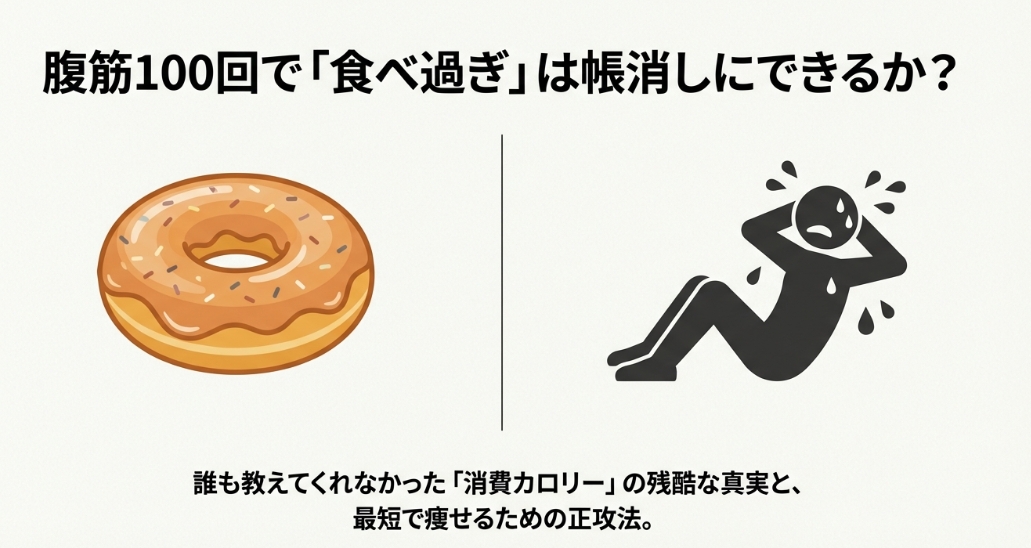 腹筋100回で食べ過ぎを帳消しにできるか？という疑問と汗をかいて運動する人のイラスト