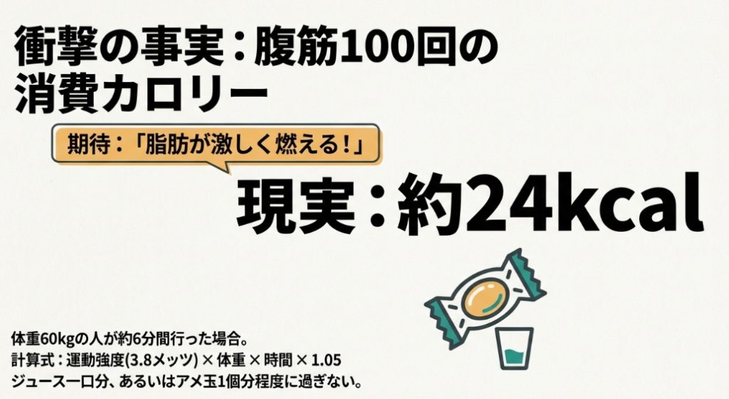 腹筋100回の消費カロリーはたったの24kcalであり、飴玉1個分程度であるという衝撃の事実