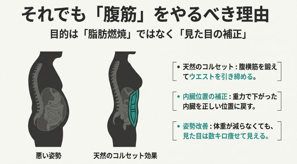 腹筋運動の本当の効果は脂肪燃焼ではなく、天然のコルセット効果による姿勢改善と見た目の引き締めであるという解説