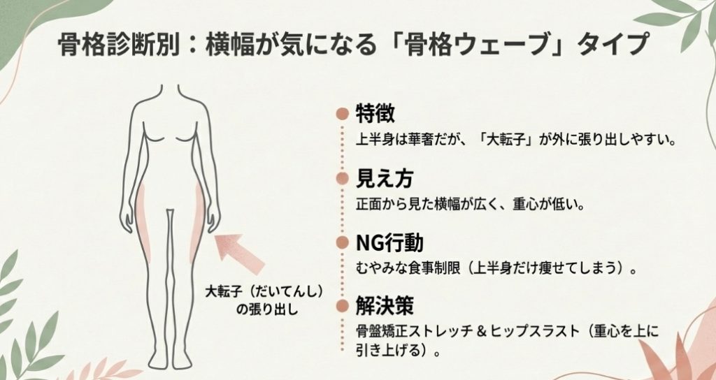 骨格ウェーブタイプの大転子の張り出しと下重心による横幅の特徴図解