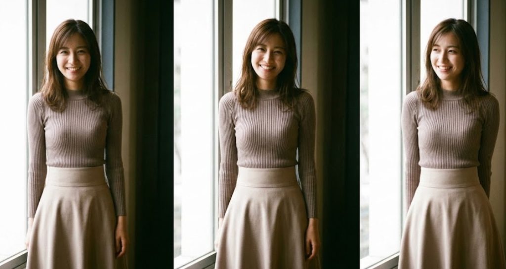 「窓際で自然光を浴びて微笑む、長袖のリブニットとベージュのフレアスカートを着用した若い女性の3枚の連続写真。正面を向いた笑顔と、視線を外した自然な表情。」