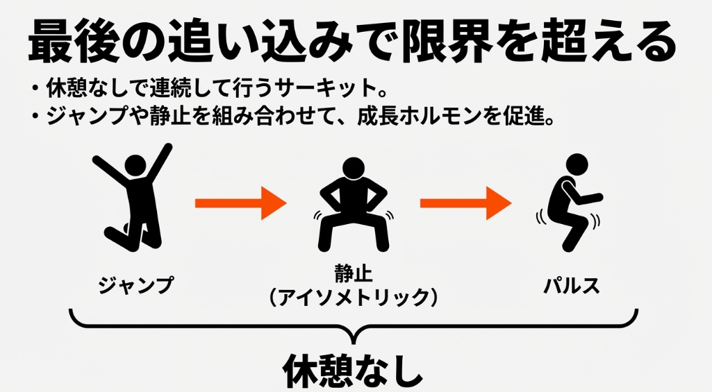 ジャンプスクワット、アイソメトリック（静止）、パルスを組み合わせた休憩なしの追い込みメニュースライド
