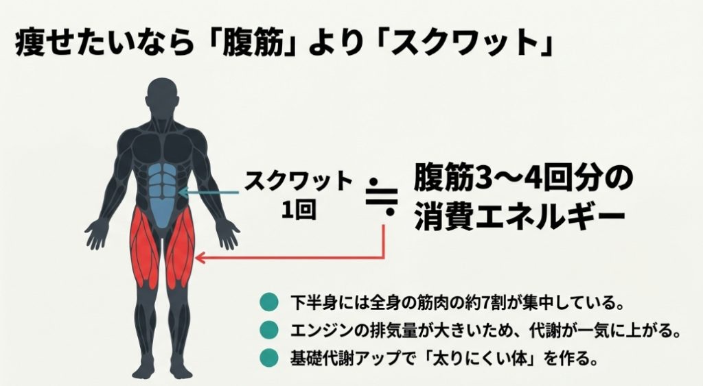 痩せたいなら腹筋よりスクワット！1回で腹筋3〜4回分の消費エネルギーがあり、基礎代謝アップに効果的であることを示す比較図