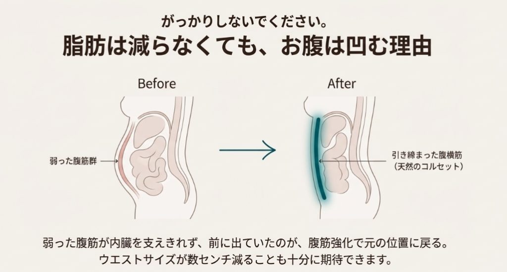 弱った腹筋群により内臓が下垂しているBeforeと、引き締まった腹横筋（天然のコルセット）により内臓が正しい位置に戻りお腹が凹んだAfterの比較イラスト。