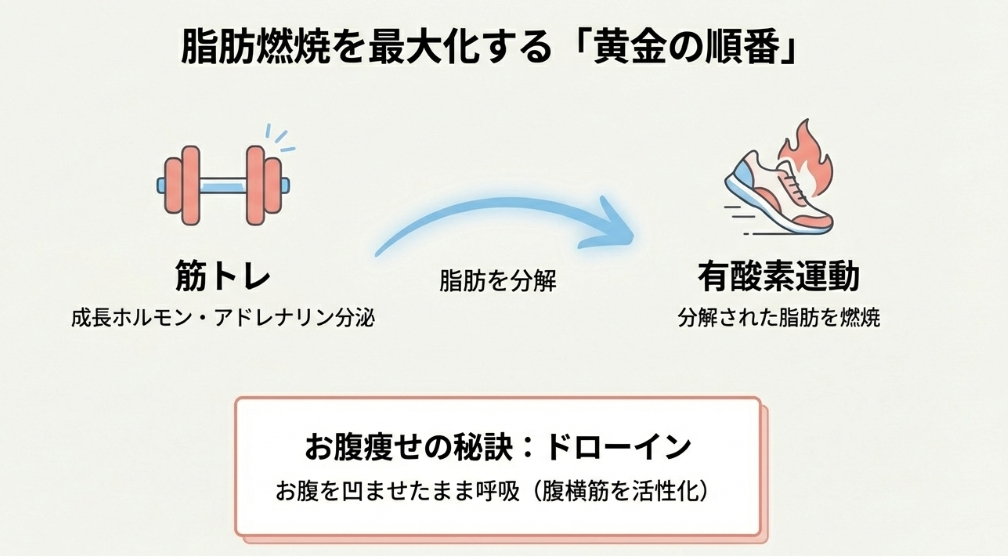 脂肪燃焼を最大化する黄金の順番。筋トレで成長ホルモン・アドレナリンを分泌させ脂肪を分解し、その後に有酸素運動で分解された脂肪を燃焼させる。お腹痩せにはドローインも有効。