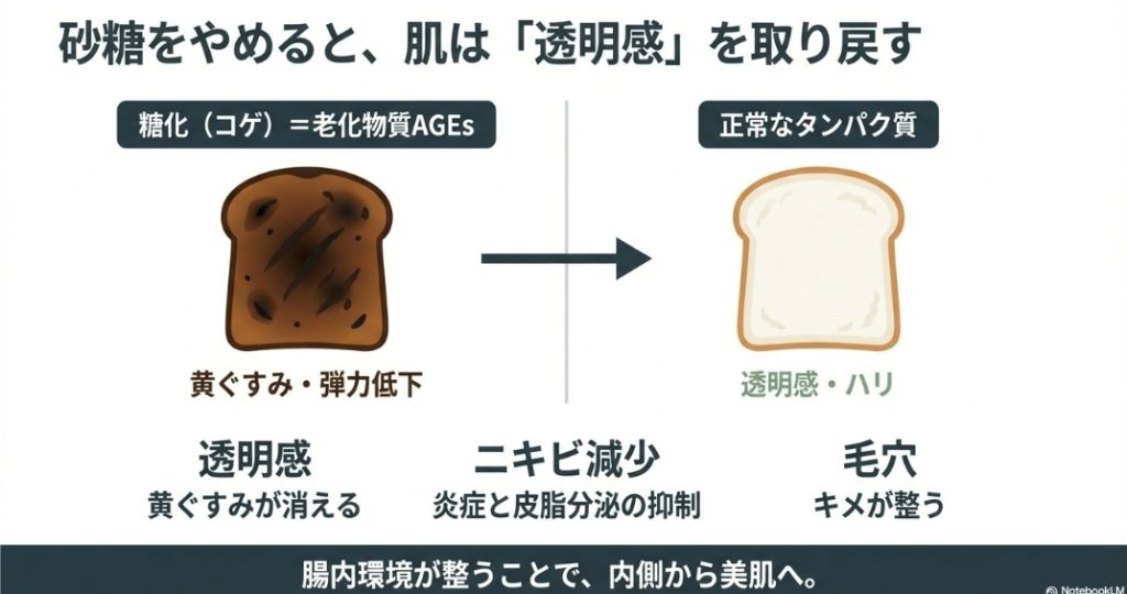 砂糖をやめると肌の透明感を取り戻す糖化と老化物質AGEsの関係