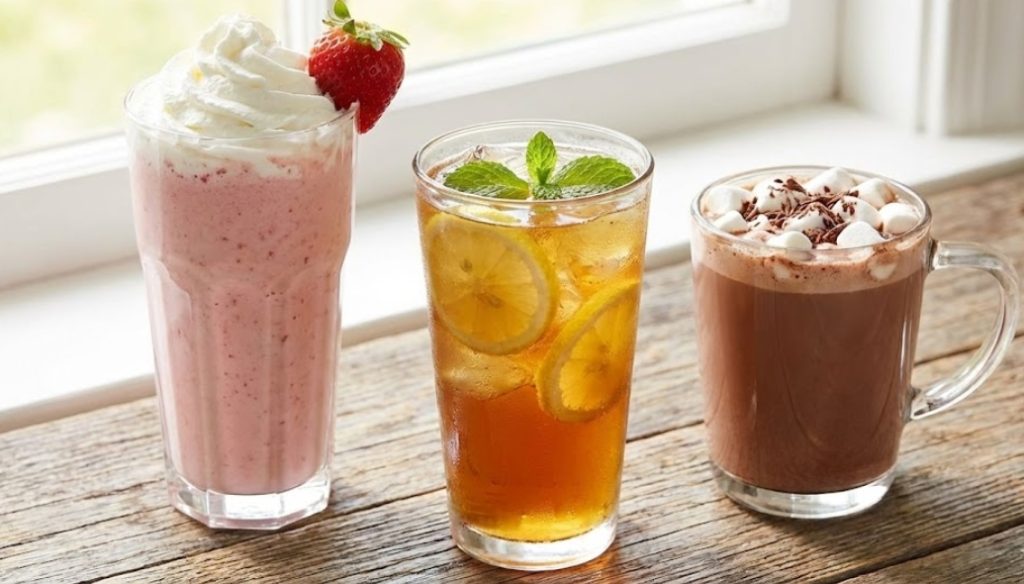 窓際の木のテーブルに並んだ、ホイップクリームとイチゴが乗ったピンク色のストロベリーミルクシェイク、レモンとミントが入ったアイスティー、マシュマロとチョコチップが乗ったホットチョコレートの3つのグラス