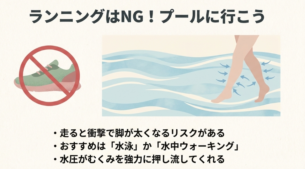 ランニングは脚が太くなるリスクがあるため、水圧でむくみが取れる水泳や水中ウォーキングを推奨する図