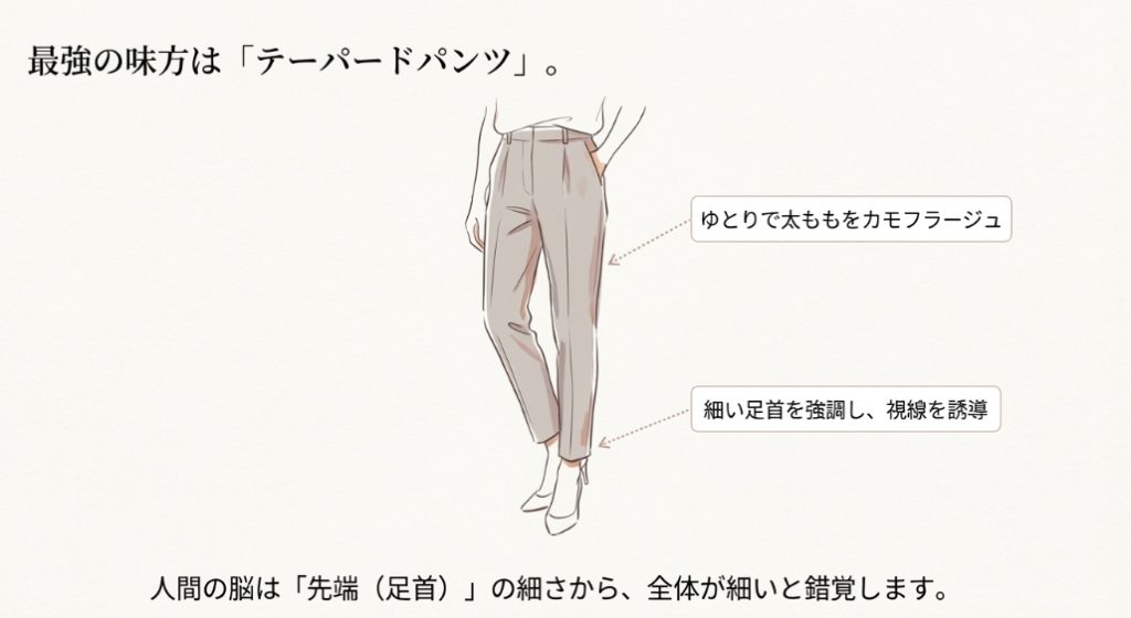 テーパードパンツが太ももをカモフラージュし足首を細く見せる図解
