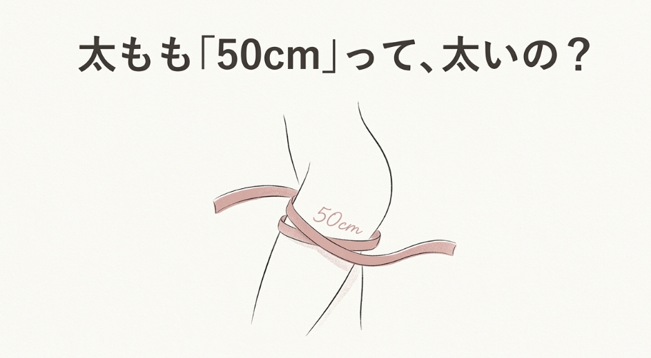 メジャーで太もも50センチを計測しているイラスト