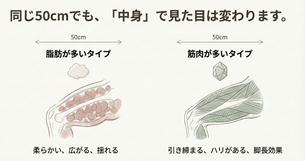 太ももの脂肪組織と筋肉組織の断面図比較イラスト