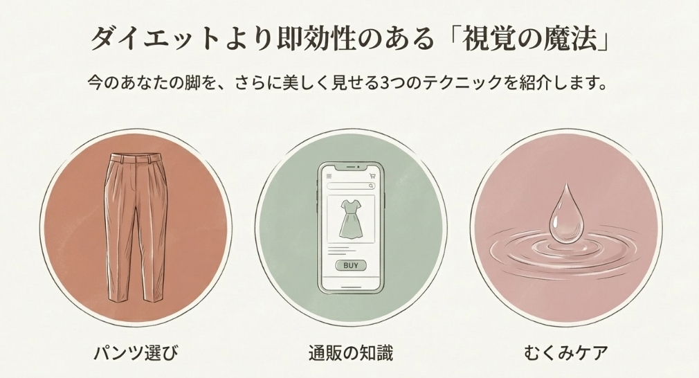 パンツ選び、通販活用、むくみケアを表すアイコンイラスト