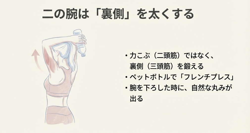 ペットボトルを使って頭の後ろで腕を上下させ、上腕三頭筋を鍛えるフレンチプレスのやり方イラスト