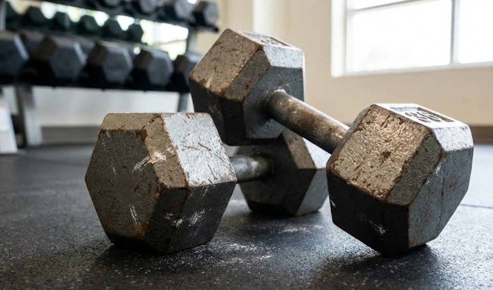 ジムのラバーフロアに置かれた、錆や傷があり使い込まれた金属製の六角形ダンベル2つ。背景にはダンベルラックと窓が見え、ハードなトレーニングの雰囲気が伝わる。