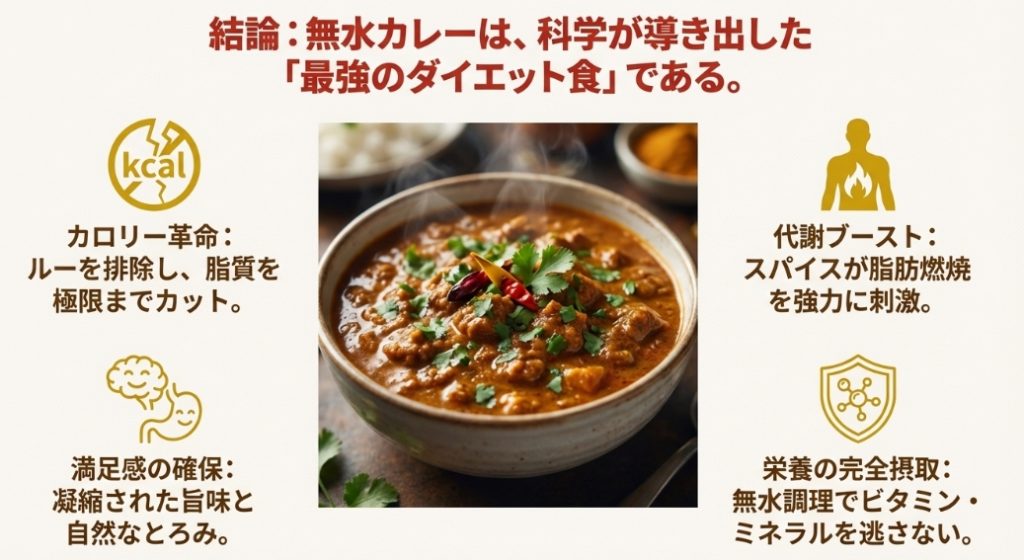カロリーカット、代謝アップ、満足感、栄養摂取の4つのメリットをまとめた結論
