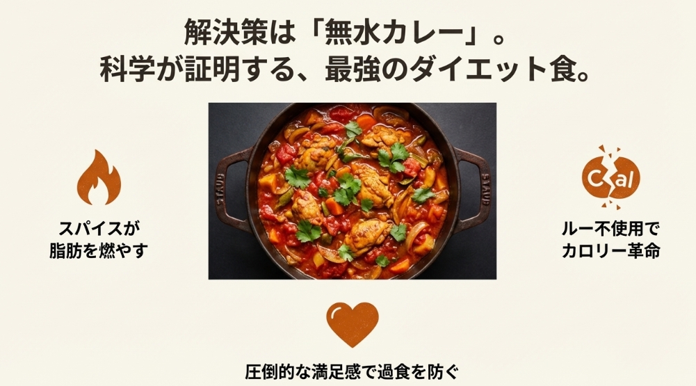 無水カレーの鍋と「スパイスが脂肪を燃やす」というキャッチコピーのイメージ