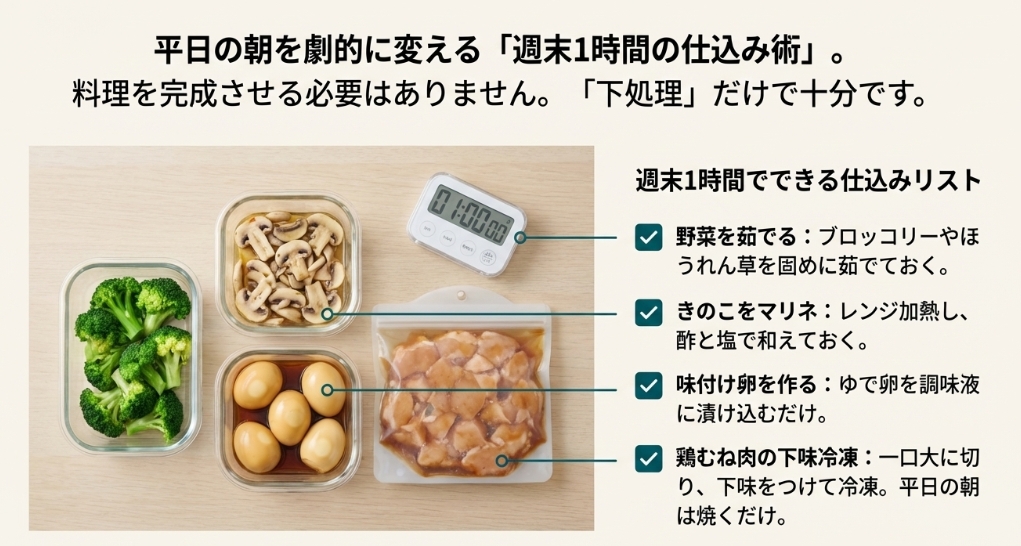週末1時間の仕込みで平日を楽にする作り置きリスト / 保存容器に入ったブロッコリーや味付け卵の写真