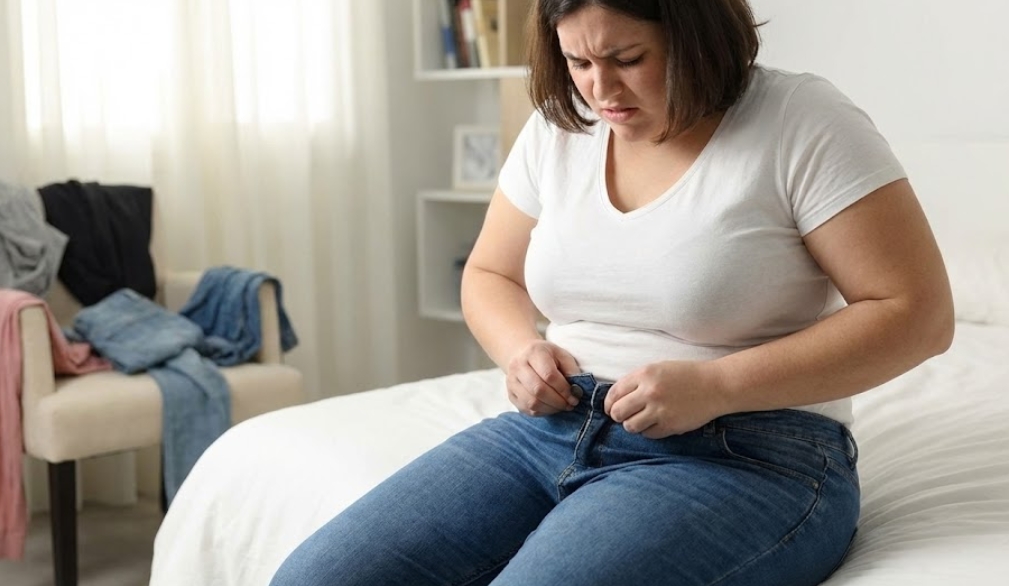 白いTシャツを着た女性が、ベッドに座りながらきつくなったジーンズのボタンを留めようとして顔をしかめている様子。背景には服が散乱した椅子が見える。