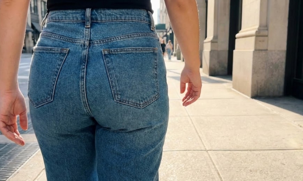 都会の歩道を歩く、青いデニムジーンズを履いた女性の後ろ姿とヒップ。