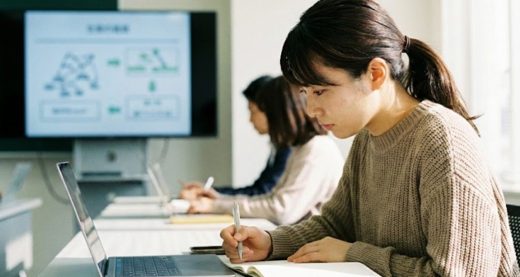 ノートパソコンを開き、ノートにメモを取りながら熱心に講義を受講している日本人女性。