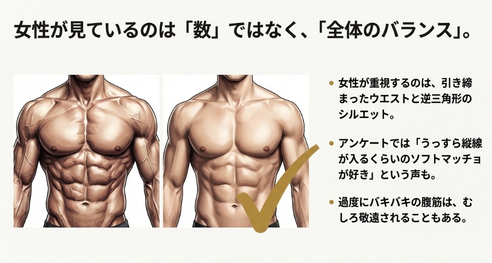 女性が好む腹筋のバランス比較図とソフトマッチョの支持理由