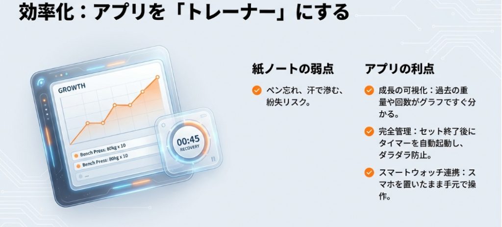 トレーニング記録アプリとスマートウォッチを活用した効率化。紙ノートのデメリットを解消し、成長の可視化とタイマー自動管理を行う方法 。