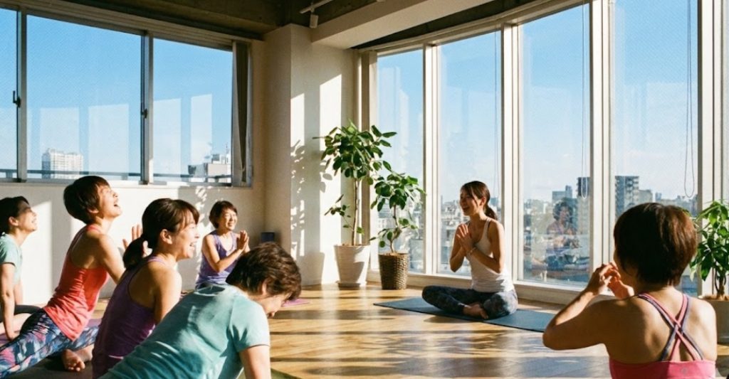 大きな窓からたっぷりと自然光が差し込む明るいスタジオで、インストラクターと共に笑顔でヨガやストレッチを行っている女性グループ。背景には青空と都会のビル群が見え、リラックスした健康的な雰囲気が漂っている。