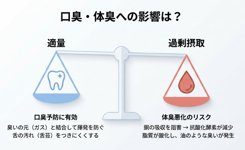 亜鉛の適量摂取による口臭予防効果と、過剰摂取による銅欠乏・脂質酸化臭のリスク比較