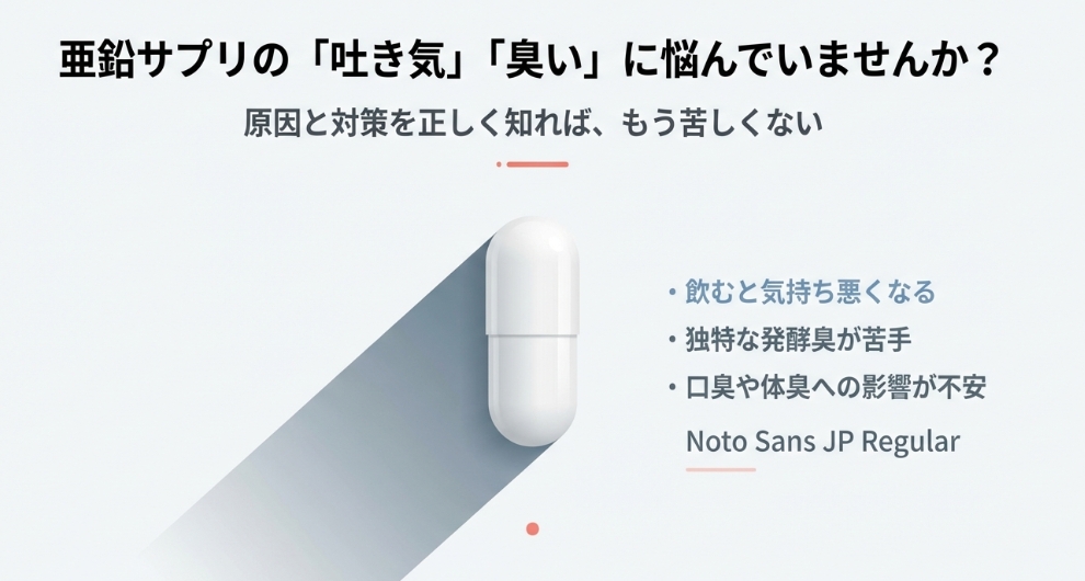 亜鉛サプリの摂取による吐き気や独特な発酵臭、口臭・体臭への不安などの悩み一覧