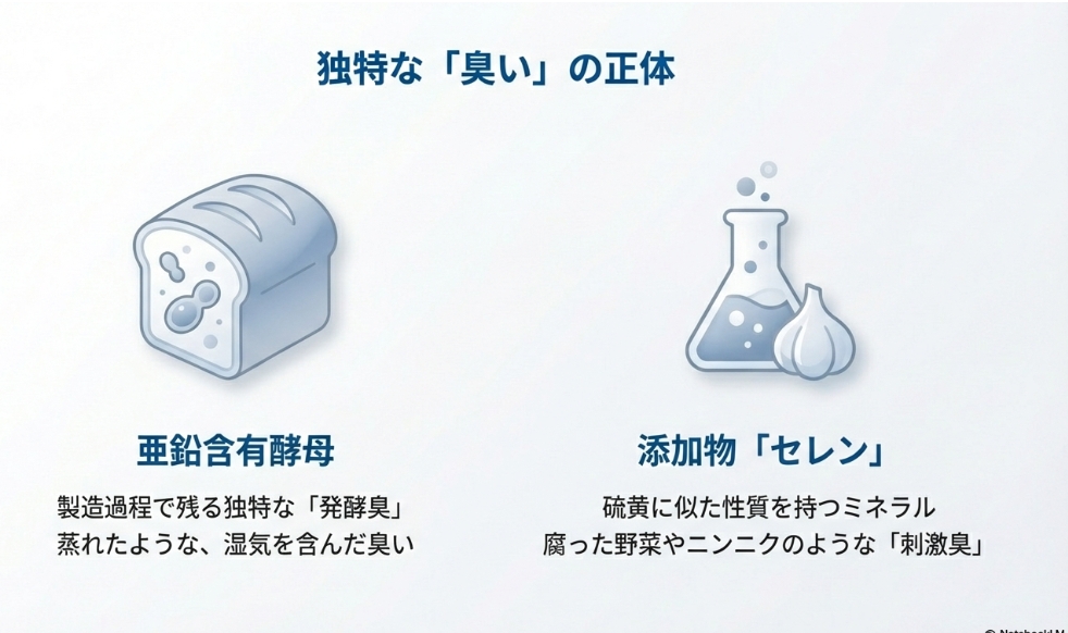 亜鉛含有酵母の発酵臭と添加物セレンの刺激臭のイラスト解説