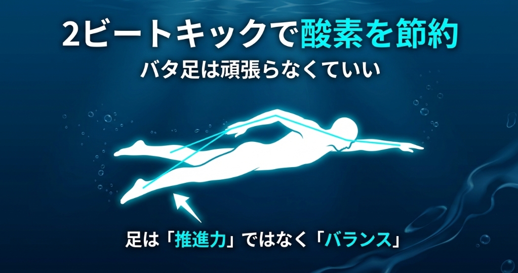 2ビートキックの解説図。バタ足は頑張らず、推進力ではなくバランス維持のために使うイメージ。