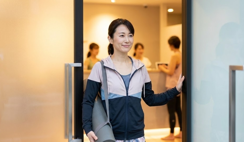 ヨガマットを持って笑顔でホットヨガスタジオに入店する40代くらいの日本人女性。受付の温かい雰囲気が見える。
