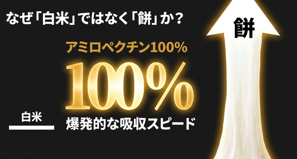 餅がアミロペクチン100%で白米よりも吸収スピードが速いことを示す比較図