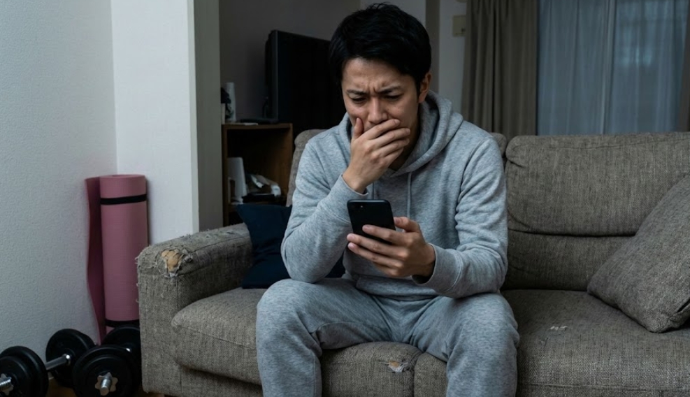 グレーのスウェットを着た男性が、自宅の薄暗いリビングルームのソファに座り、口元に手を当てて不安そうな表情でスマートフォンを見ている。彼の足元には黒いダンベルが2つ置かれ、後ろには丸めたヨガマットがある