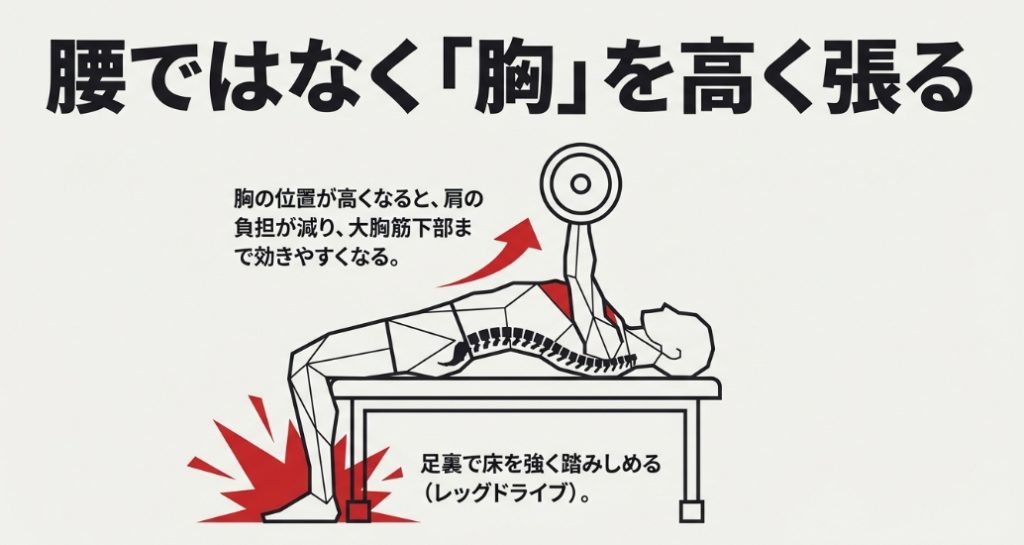 ベンチプレスのブリッジは腰ではなく胸を高く張りレッグドライブを使う