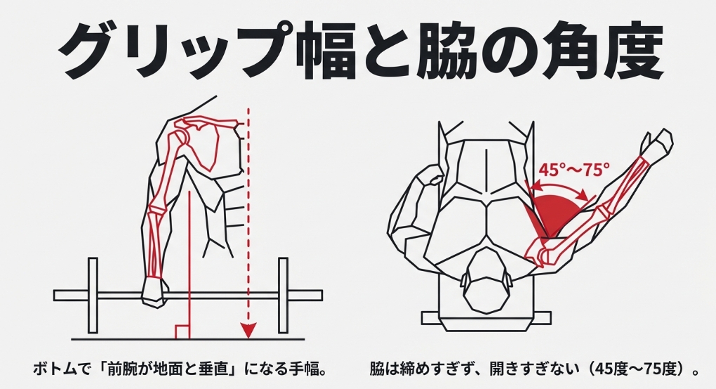 ベンチプレスの脇の角度は45度から75度、前腕は地面と垂直にする