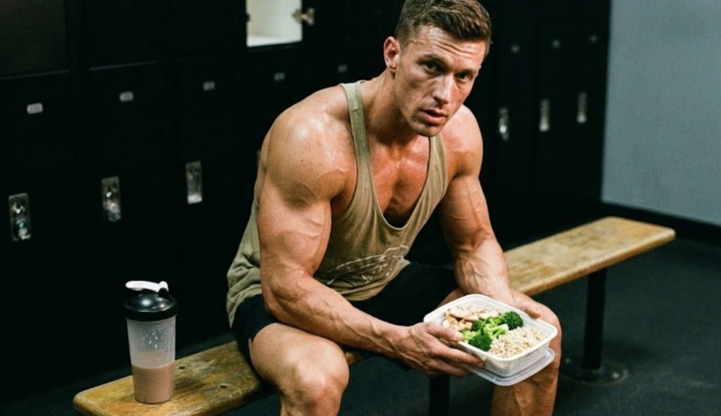 ジムのロッカールームの木のベンチに座り、鶏肉、ブロッコリー、玄米が入った食事容器を手に持つ、引き締まった体の筋肉質な男性。疲れた表情で、隣にはプロテインシェイカーが置かれている。