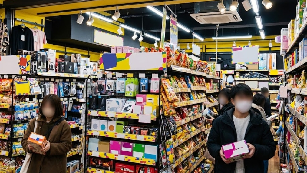 ドン・キホーテの店内で、商品が所狭しと並ぶ棚の間を、マスクをした客が商品を見ながら歩いている様子。天井からは多くの照明が商品を照らし、黄色と黒のストライプ模様の装飾が特徴的。