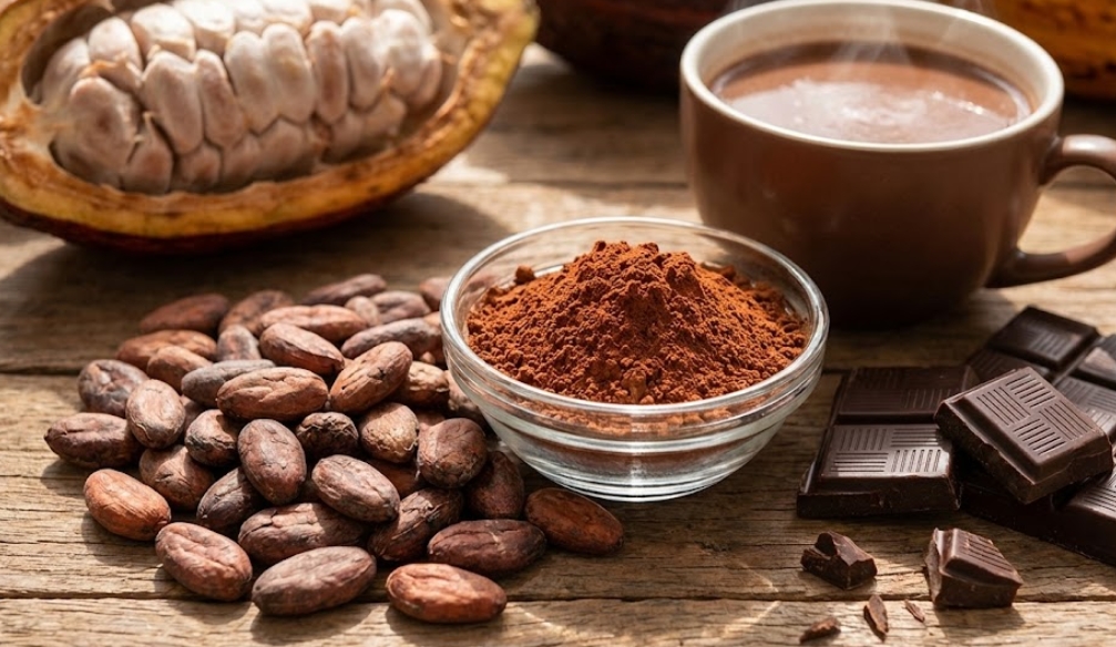 カカオポリフェノールを豊富に含むカカオ豆、ココアパウダー、高カカオチョコレート、ホットココアの集合写真