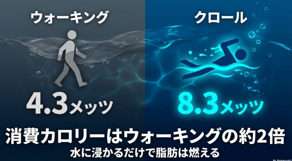水泳（クロール8.3メッツ）とウォーキング（4.3メッツ）の消費カロリー比較図。水泳は約2倍の効果。