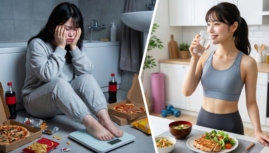 チートデイを2日連続で行い体重増加に落ち込む様子と、健康的な食事と水分補給でリカバリーした後の笑顔のビフォーアフター画像。