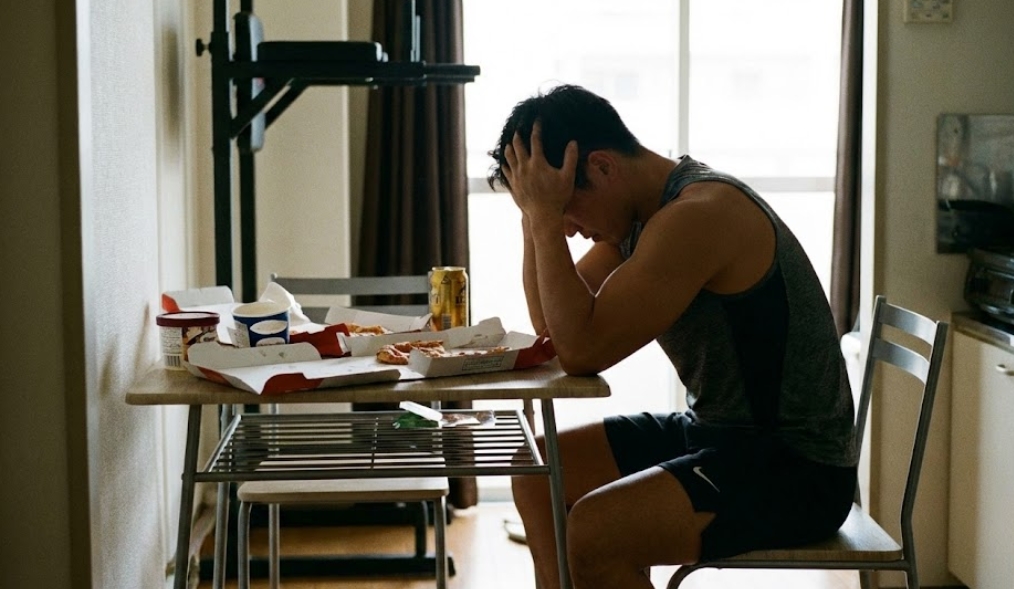 自宅のキッチンテーブルで、ピザやアイスクリームの空き容器を前に、頭を抱えて深く落ち込んでいる筋肉質の日本人男性トレーニーの様子。チートデイ後の罪悪感や後悔を表している。