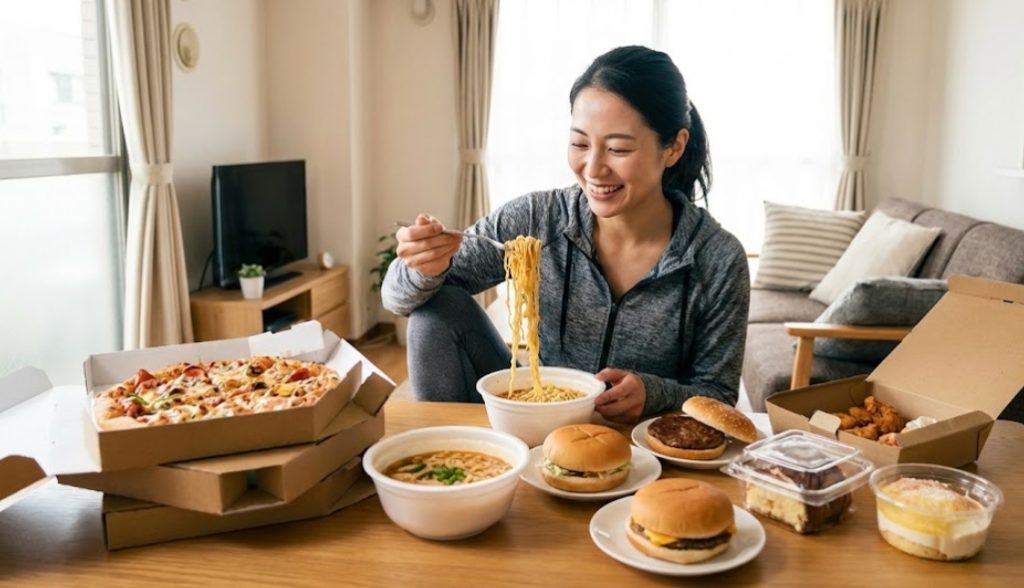自宅のリビングで、ピザやハンバーガー、ラーメンなどの大量の食事を前に、笑顔でラーメンを食べているトレーニングウェア姿の若い日本人女性のチートデイの様子。