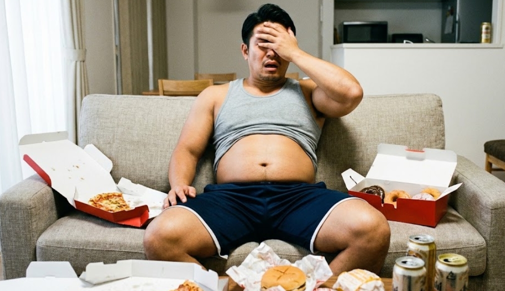 チートデイでピザやドーナツなどを食べ過ぎて、ソファでお腹を押さえて後悔している日本人男性トレーニーの様子。