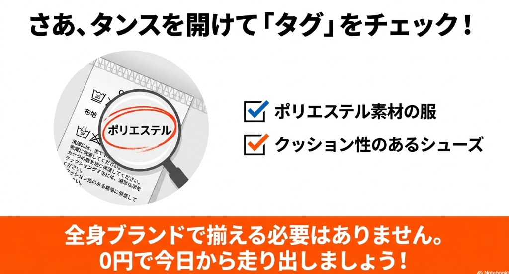 衣類の洗濯タグでポリエステル素材かどうかを確認している拡大イラスト